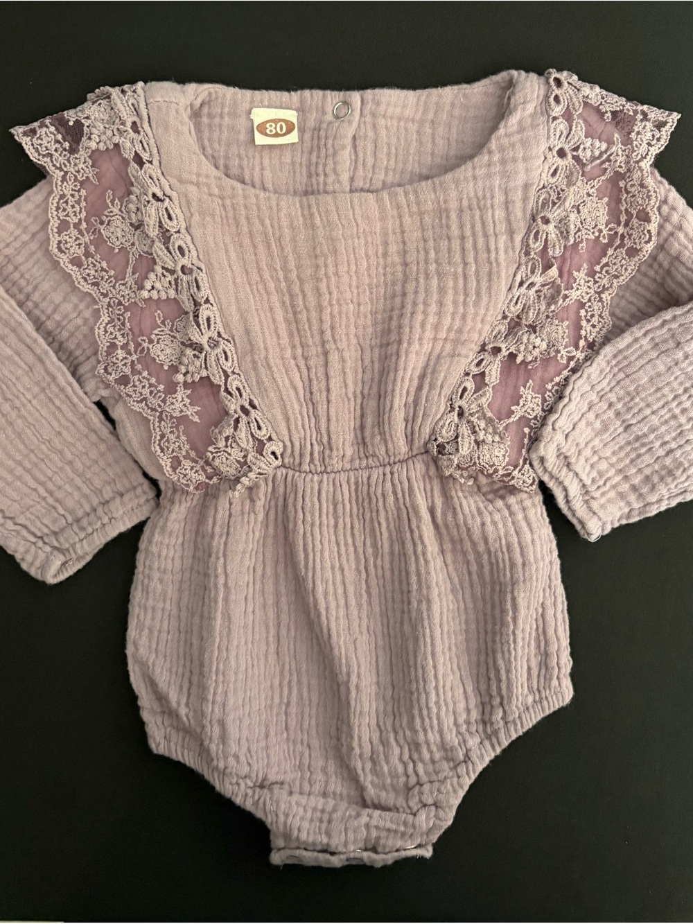 Soft Lavender Lace-Trim Long-Sleeve Baby One-Piece